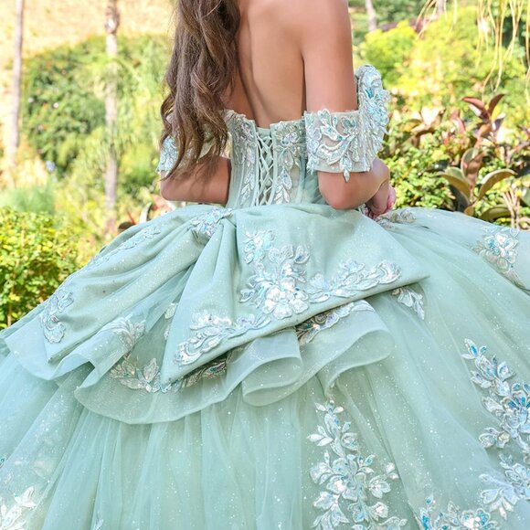 New Sage Tulle Ceremonial Gown w/ Sequins Embroidery & Layered Skirt GL3815 - Picture 10 of 15